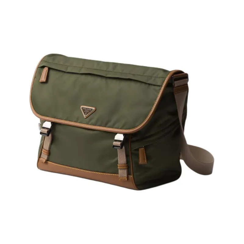 PRADA Recycled Nylon With Patchwork Leather Crossbody Bag Shoulder Bag Men's Army Green With Caramel Candy-1