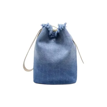 APEDE MOD Denim With Top Grain Cow Leather Soft Floral Bucket Bag Handbag, Shoulder Bag, Crossbody Bag Women's Blue