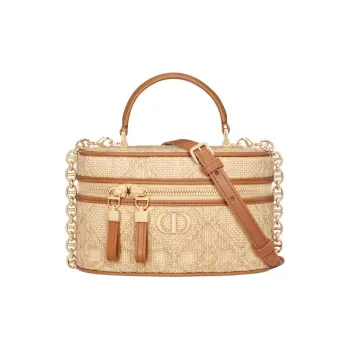 DIOR Caro Wicker Pattern Raffia Grass Handbag Shoulder Bag Crossbody Bag Mini Women's Natural