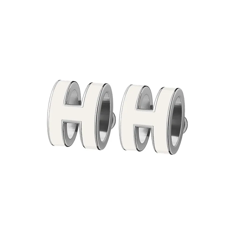 HERMES POP H Collection Palladium Plated Metal Component Stud Earrings Women's White, With Silver Inlay-0