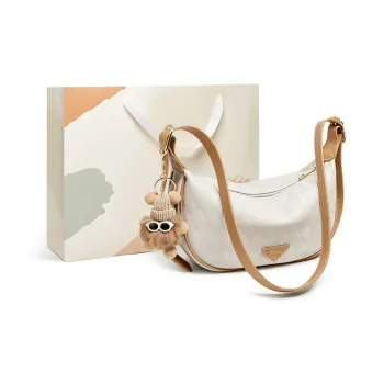 15 MINS Cow Leather Dumpling Bag Crescent Bag Shoulder Bag Crossbody Bag Regular Women's Ecru & Apricot/Caramel Brown