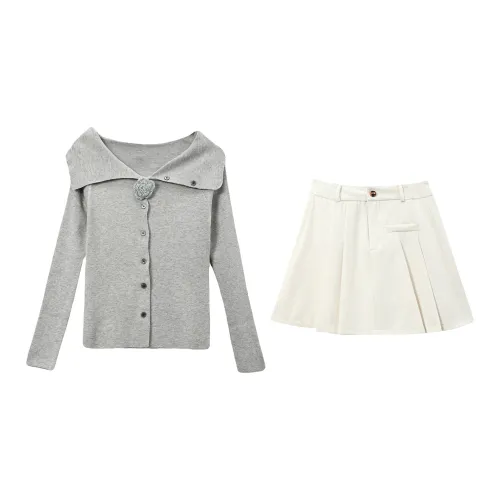 Udon House Two Piece Skirt Sets Women's White+Gray