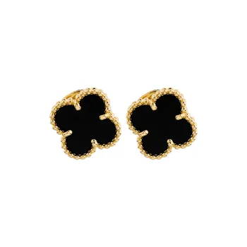 Van Cleef & Arpels Alhambra Four Leaf Lucky Series 18K Gold Stud Earrings Women's Black Gold