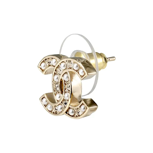 CHANEL Pearl Rhinestone Stud Earrings Women's Silver-4
