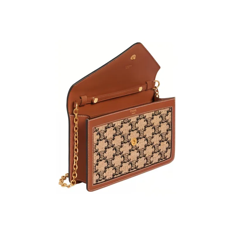 CELINE Triomphe Arc De Triomphe Textile Cow Leather Clutch Handbag Shoulder Bag Wallet Women's Natural Color/Tan-3