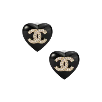 CHANEL 2022 Resin Rhinestone Cc Heart Push Back Earrings Costume Earrings