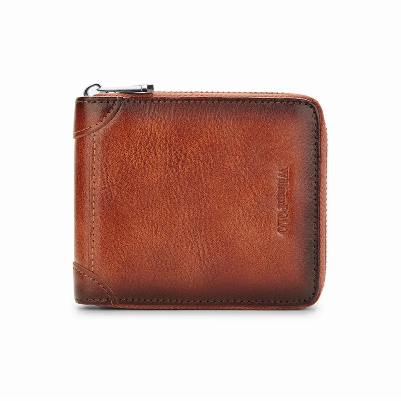 WilliamPOLO Top Grain Cow Leather Zip Closure Coin Purse Multifunction Wallet Card Holder Small Size Men's Multicolor-1