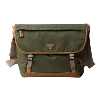 PRADA Recycled Nylon With Patchwork Leather Crossbody Bag Shoulder Bag Men's Army Green With Caramel Candy