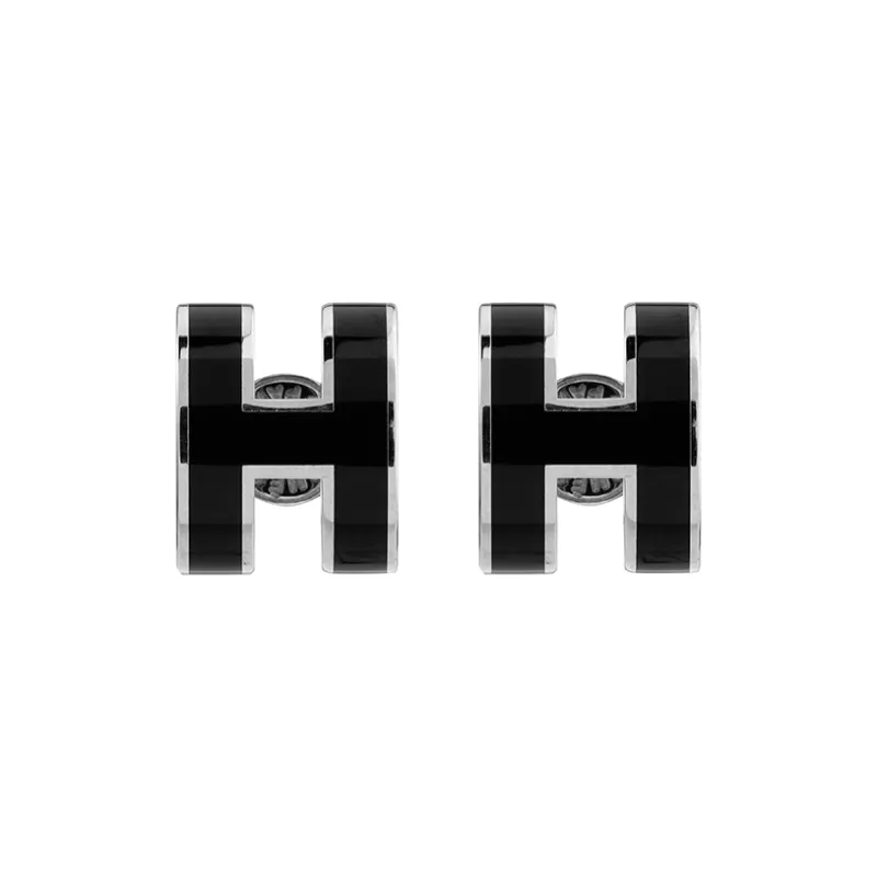 HERMES Enamel Stud Earrings Women's Black, With Silver Inlay-0
