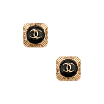 CHANEL Square Stud Earrings Women's Gold Black