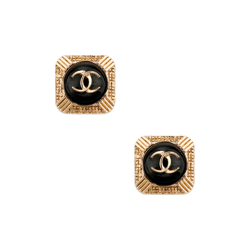 CHANEL Square Stud Earrings Women's Gold Black-0