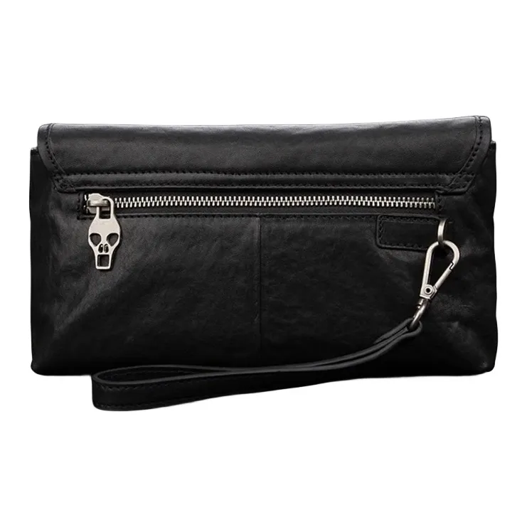 PULUWIRR Cow Leather Men's Shoulder Bag Clutch Medium Size Men's Black-1