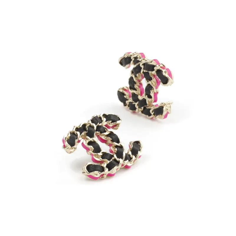 CHANEL Leather Stud Earrings Women's Black Gold-1