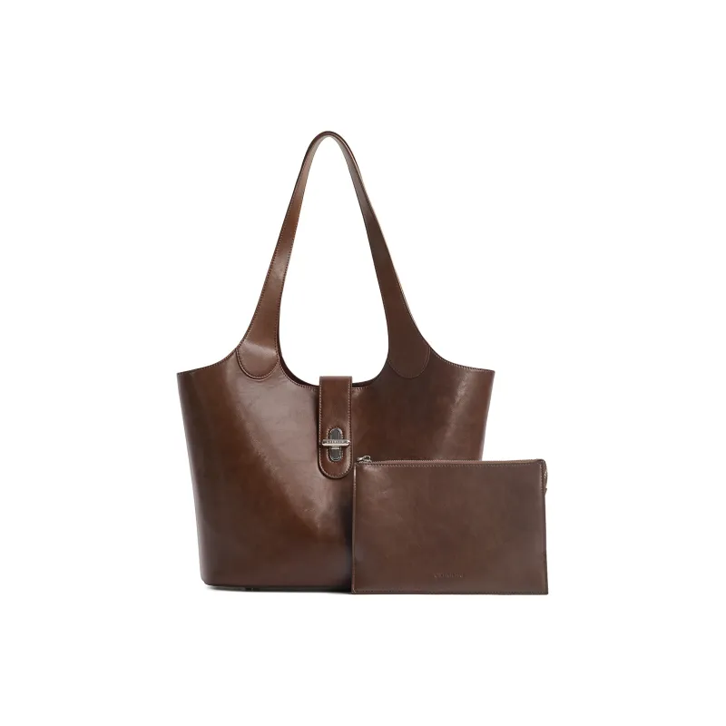 Cthulhu Cow Leather Advanced One Shoulder Handheld Tote For Strolling Large Size Women's Brown/Greige-4
