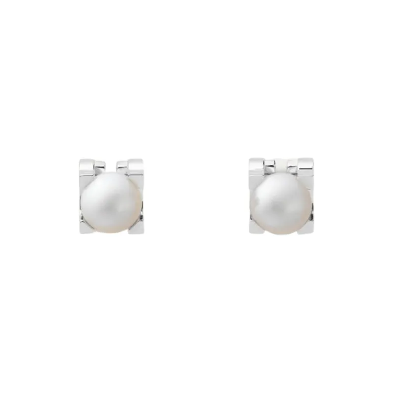 CARTIER 18K White Gold Pearl Stud Earrings Women's Silver-0