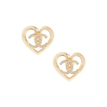 CHANEL Crystal Cc Logo Heart Stud Earrings ABA103