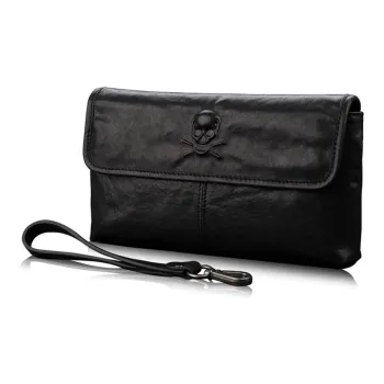 PULUWIRR Cow Leather Men's Shoulder Bag Clutch Medium Size Men's Black