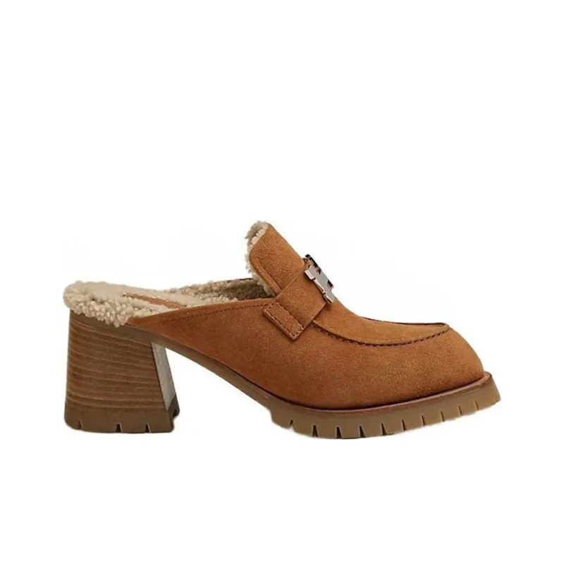 HERMES Abrasion Resistant Closed Toe Slippers 6cm Women's Brown-1