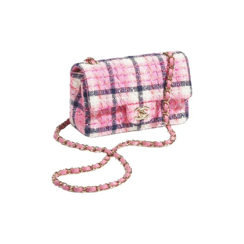 CHANEL Wool And Cotton Checkered Plaid Portable Crossbody Bag, Shoulder Bag Women's Pink & Marine Blue & White-1