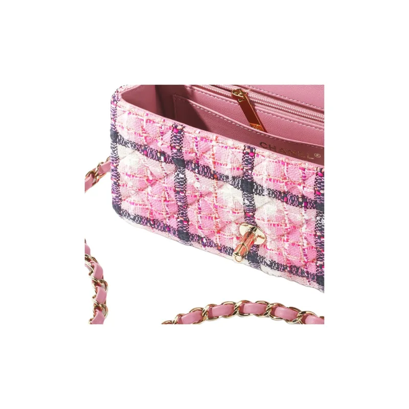 CHANEL Wool And Cotton Checkered Plaid Portable Crossbody Bag, Shoulder Bag Women's Pink & Marine Blue & White-2