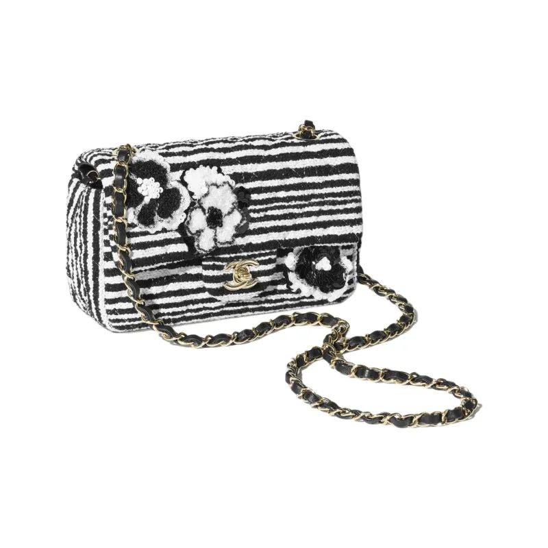 CHANEL Embroidery Cotton Felt With Sequins Crossbody Bags Mini Women's Black & White-1