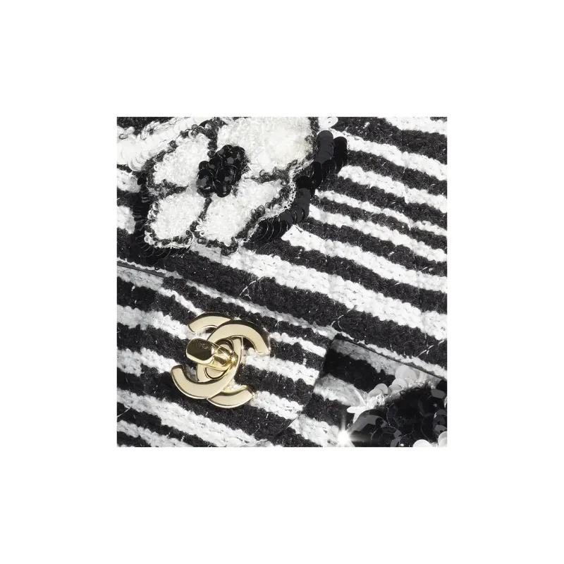 CHANEL Embroidery Cotton Felt With Sequins Crossbody Bags Mini Women's Black & White-3
