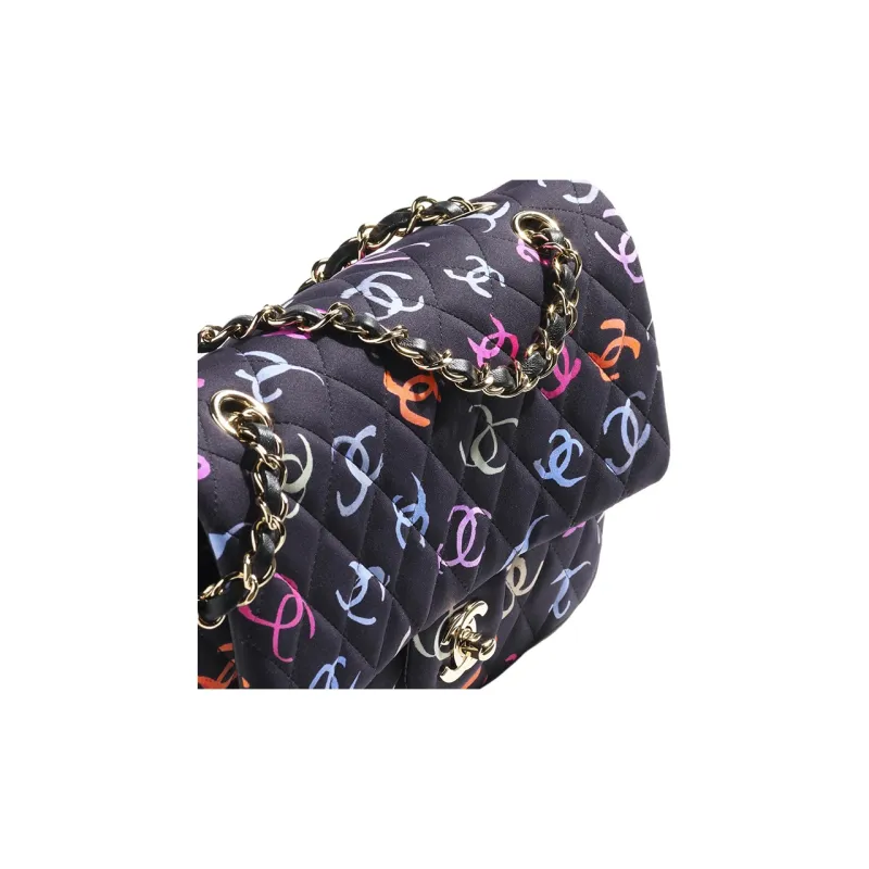 CHANEL Classic Flap CF Printed Fabric Shoulder Bag, Crossbody Bag, Handbag Women's Black & Multicolor-2