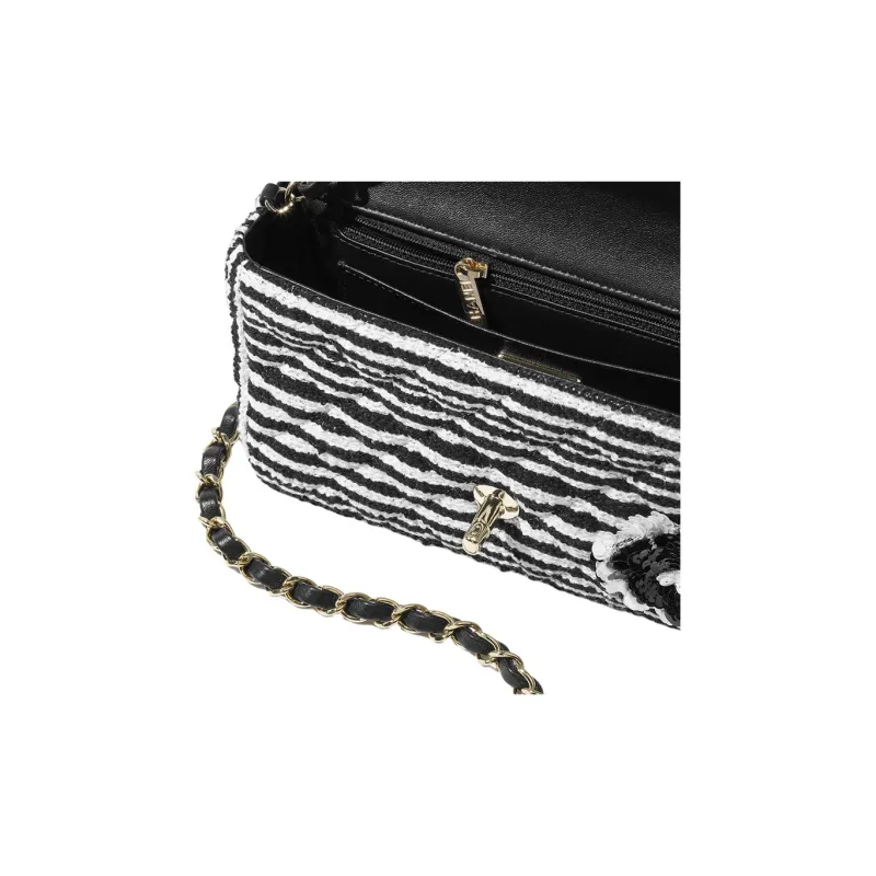 CHANEL Embroidery Cotton Felt With Sequins Crossbody Bags Mini Women's Black & White-2