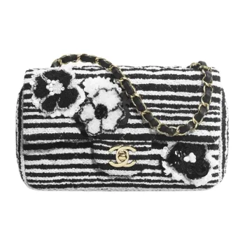 CHANEL Embroidered Cotton With Patchwork And Sequins Shoulder Bag Crossbody Bag Mini Women's Black & White