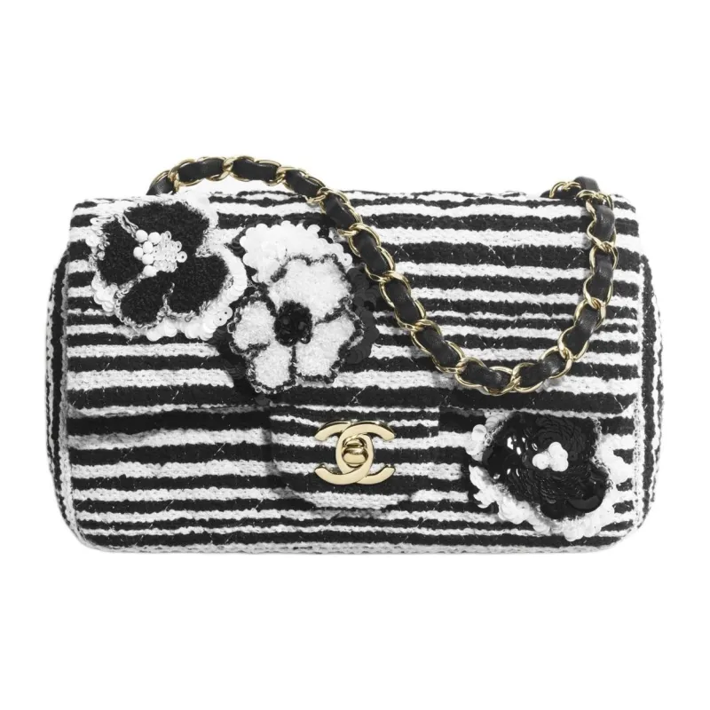 CHANEL Embroidery Cotton Felt With Sequins Crossbody Bags Mini Women's Black & White-0