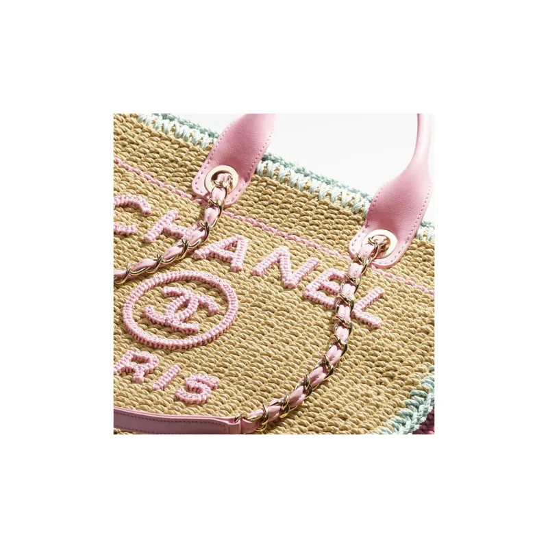 CHANEL Cotton With Fabric Handbag Tubas Women's Beige & Pink & Light Green-3