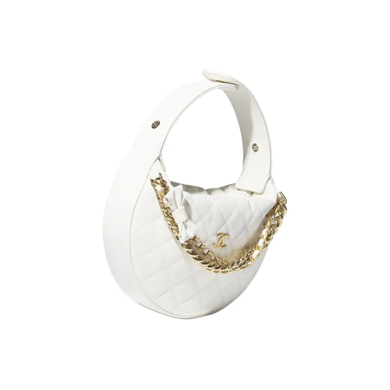 CHANEL Shiny Grain Caviar Cow Leather Crescent Bag Handbag Women's White-1