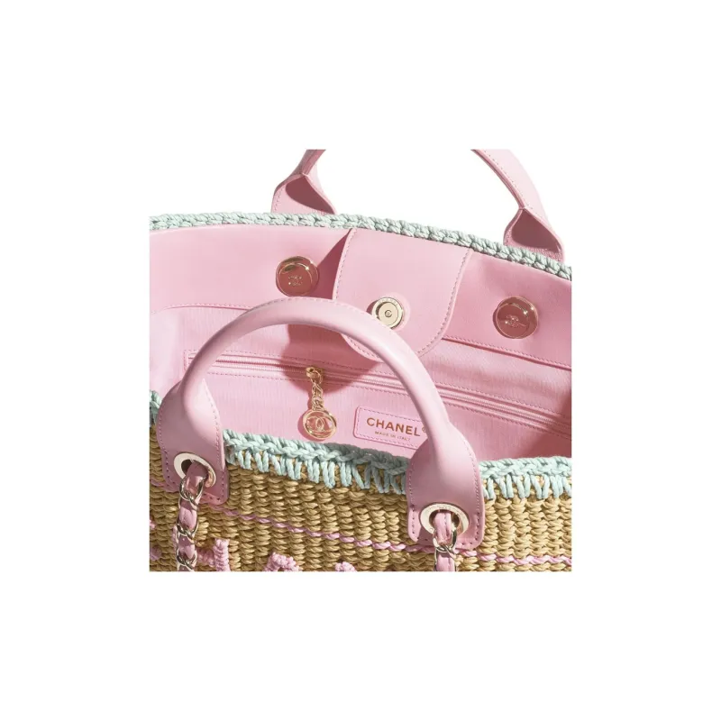 CHANEL Cotton With Fabric Handbag Tubas Women's Beige & Pink & Light Green-2
