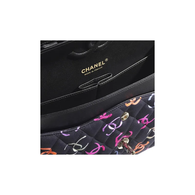 CHANEL Classic Flap CF Printed Fabric Shoulder Bag, Crossbody Bag, Handbag Women's Black & Multicolor-3