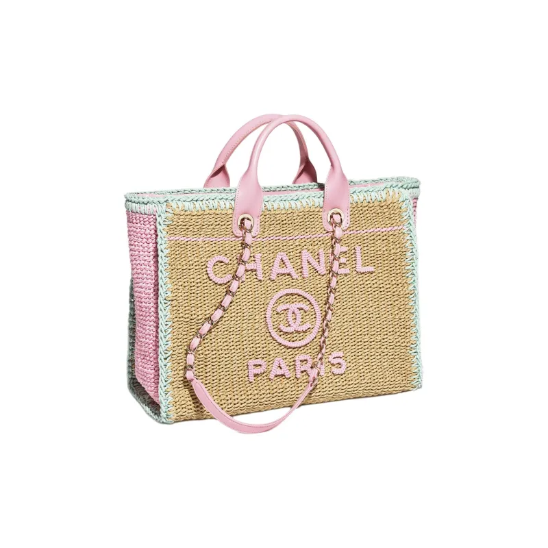 CHANEL Cotton With Fabric Handbag Tubas Women's Beige & Pink & Light Green-1