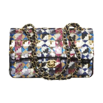 CHANEL Classic Flap CF Embroidered Brocade Shoulder Bag Crossbody Bag Handbag Women's Black & Multicolor