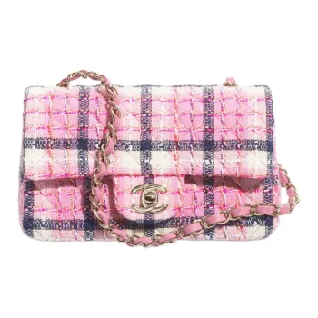 CHANEL Wool And Cotton Checkered Plaid Portable Crossbody Bag, Shoulder Bag Women's Pink & Marine Blue & White