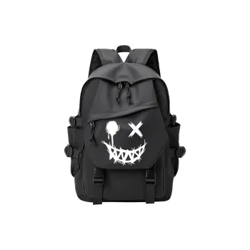 Travel Synthetic Leather Backpack Regular Unisex Black/Black Lettering/Black Smiley Face