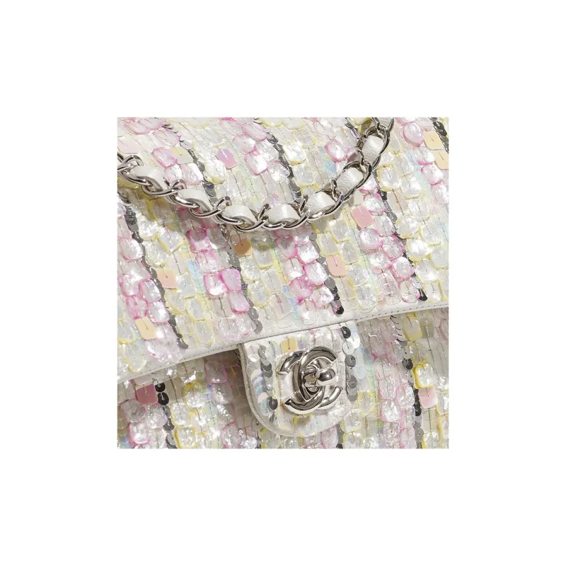 CHANEL Classic Flap CF Embroidered Brocade Shoulder Bag Crossbody Bag Handbag Women's Silver/Medium Pink/Medium Yellow-2