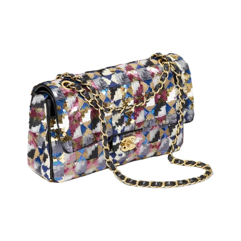 CHANEL Classic Flap CF Embroidery With Brocade Shoulder Bag, Crossbody Bag, Handbag Women's Black & Multicolor-1