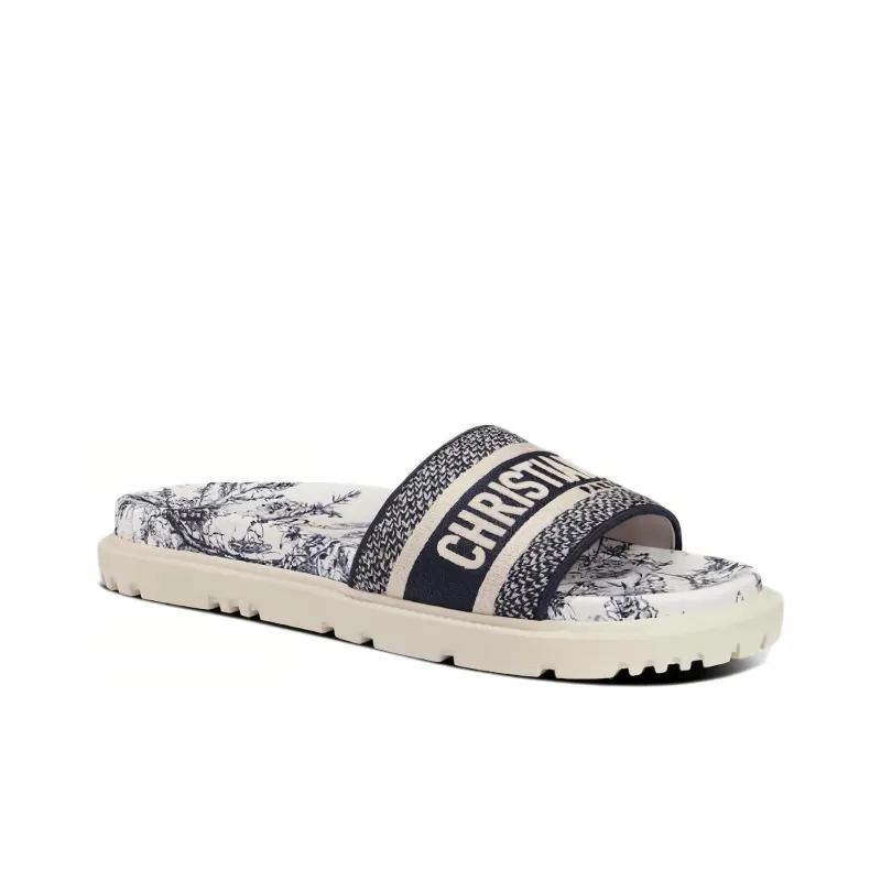 DIOR Women's DWay Slide 'Toile De Jouy Flowers Embroidered - Deep Blue'-2