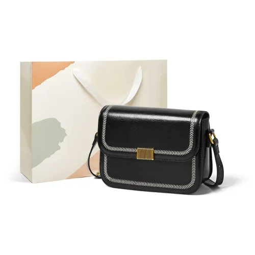 15 MINS Cow Leather Stitching Small Square Bag Shoulder Bag Regular Women's Black/Brown
