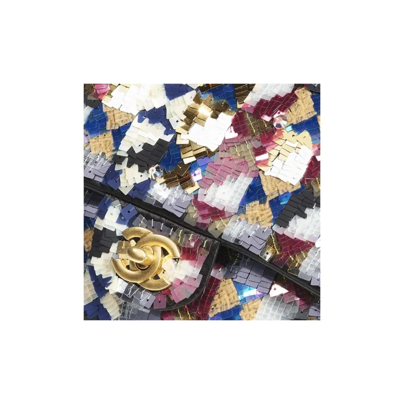 CHANEL Classic Flap CF Embroidery With Brocade Shoulder Bag, Crossbody Bag, Handbag Women's Black & Multicolor-3