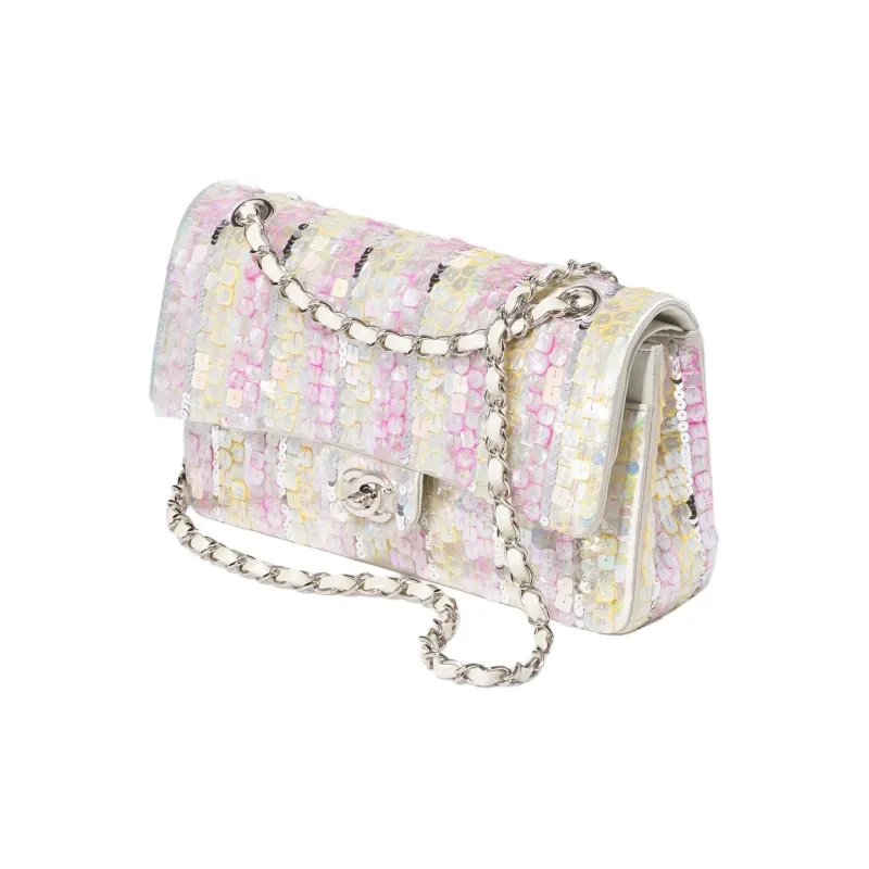 CHANEL Classic Flap CF Embroidered Brocade Shoulder Bag Crossbody Bag Handbag Women's Silver/Medium Pink/Medium Yellow-1