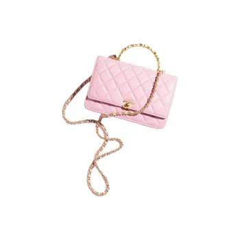 CHANEL Shiny Lambskin One Shoulder Portable Wallet Women's Light Pink