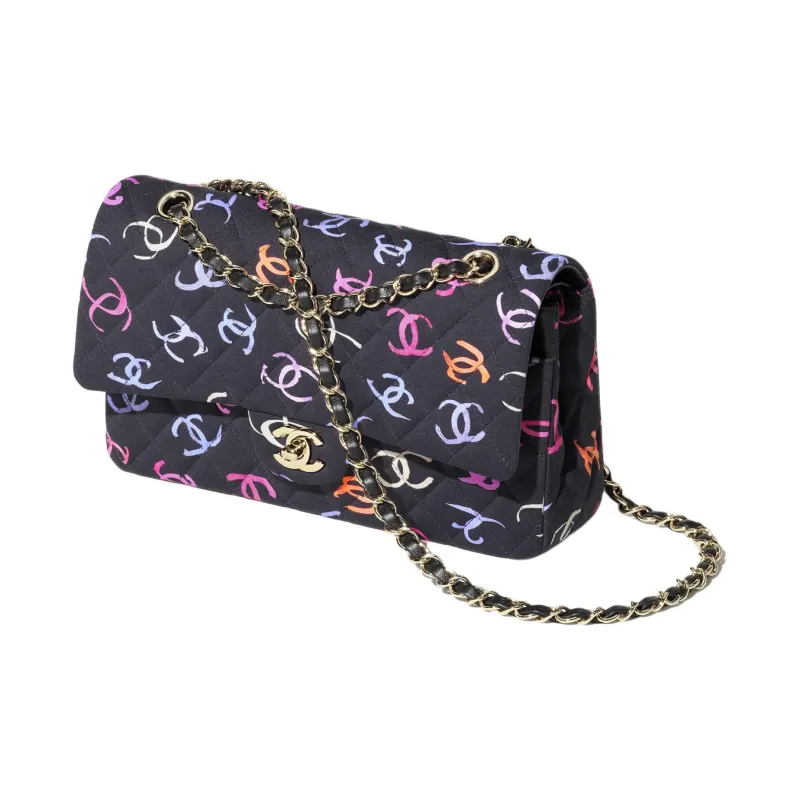CHANEL Classic Flap CF Printed Fabric Shoulder Bag, Crossbody Bag, Handbag Women's Black & Multicolor-1
