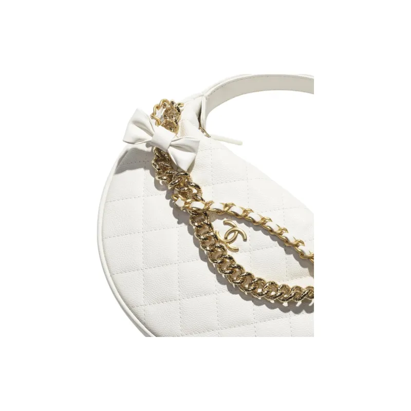 CHANEL Shiny Grain Caviar Cow Leather Crescent Bag Handbag Women's White-3