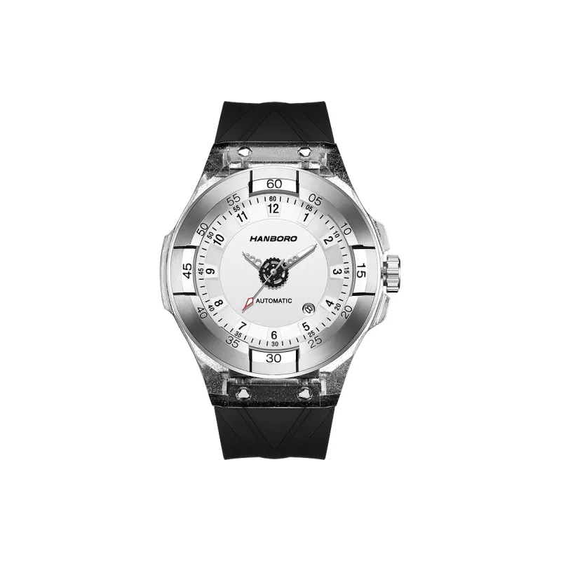HANBORO Mechanical Movement Silicone Strap Watch Men's Watches Black Dial-4