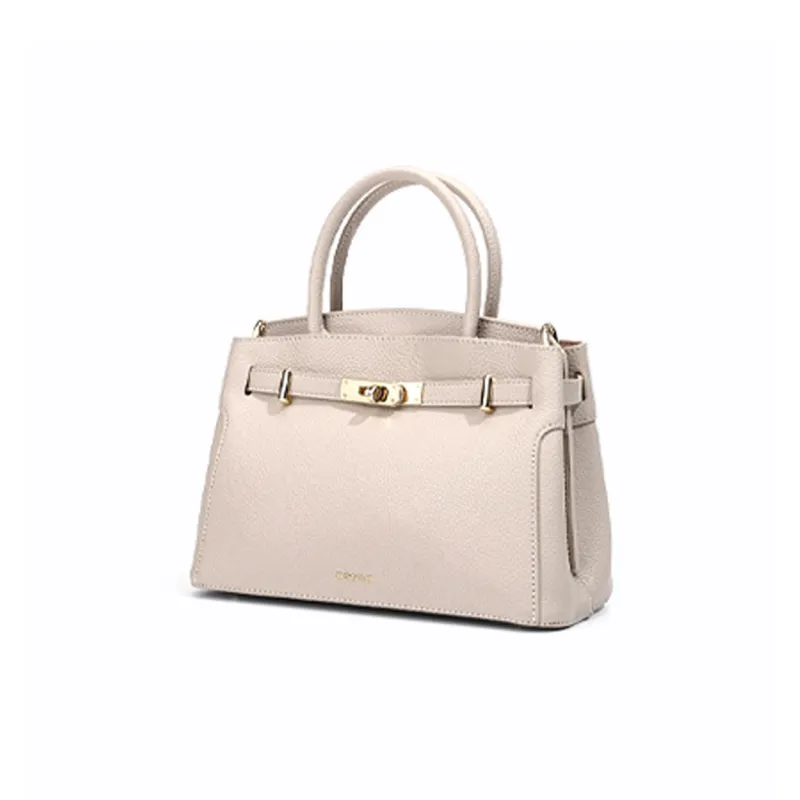HONGU Split Cow Leather Bonded Synthetic Leather One Shoulder Handbags Women's Khaki Ecru Pitch Black-4