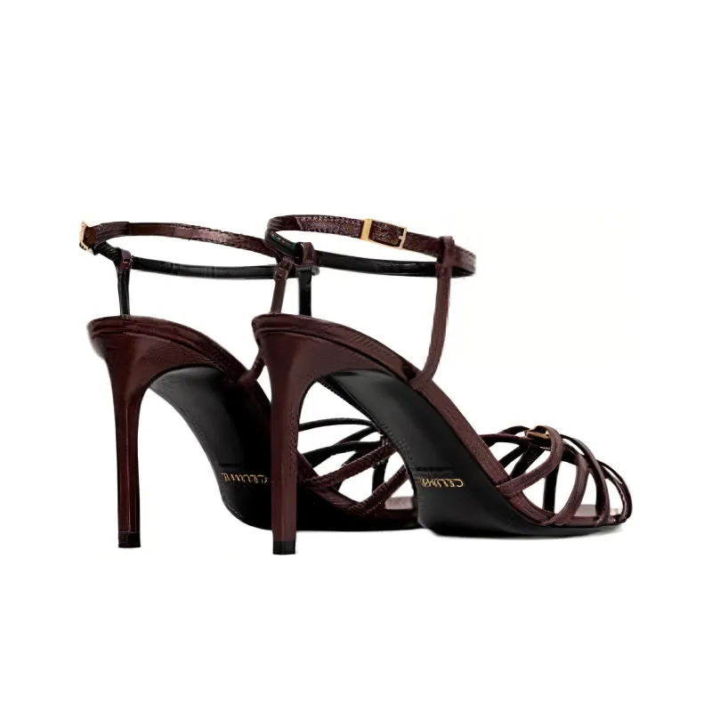 CELINE Triomphe Strap Sandals 8.5cm Women's Red Brown-3